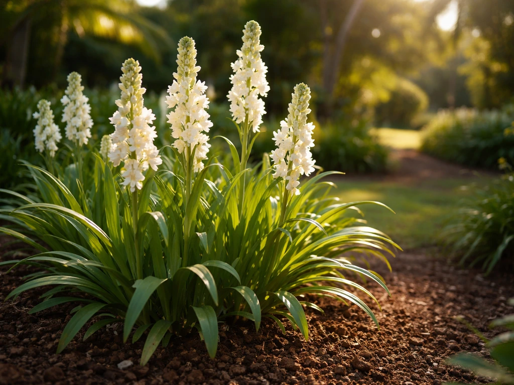 Sunlit Hawaii garden bed with tuberose plants and tall white flower spikes in bloom