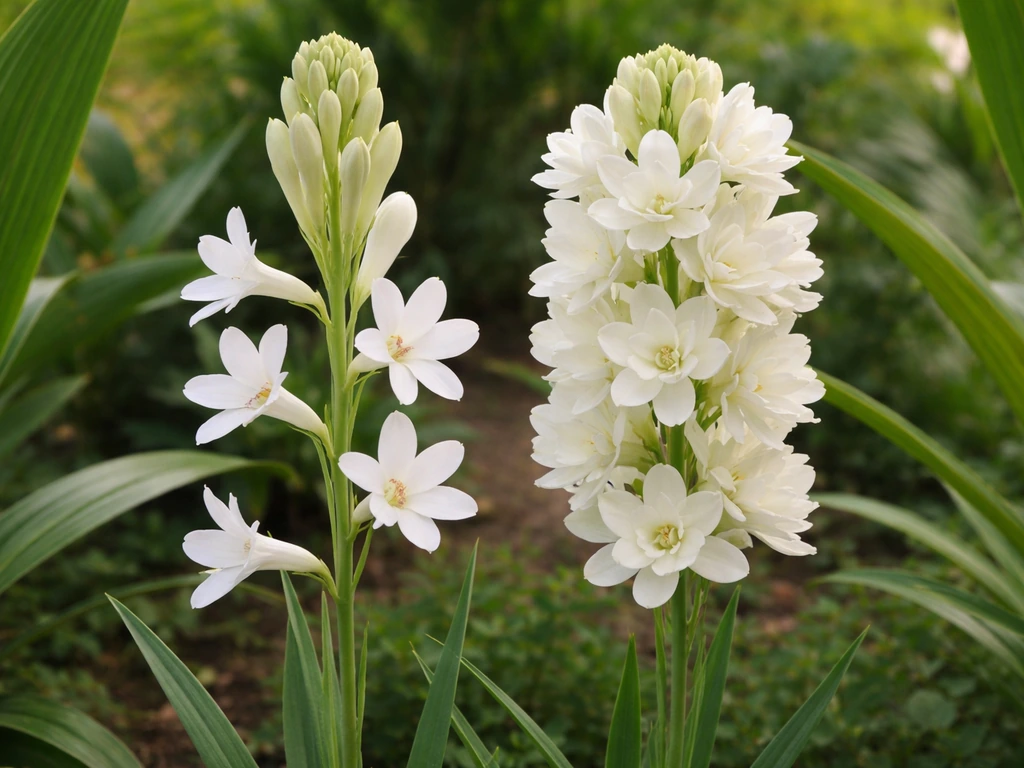 Two tuberose flower forms side-by-side: single bloom and double bloom in a simple garden setting.