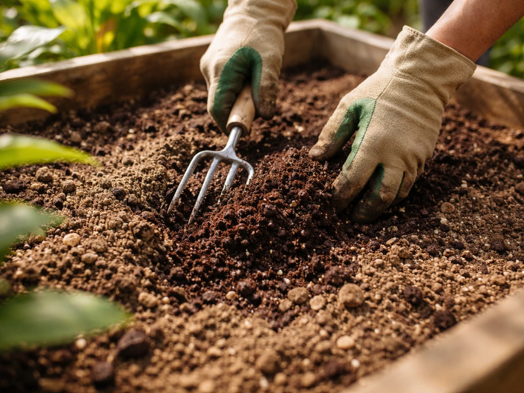 Close-up of a gardener loosening sandy loam soil with compost for better drainage in a raised bed.