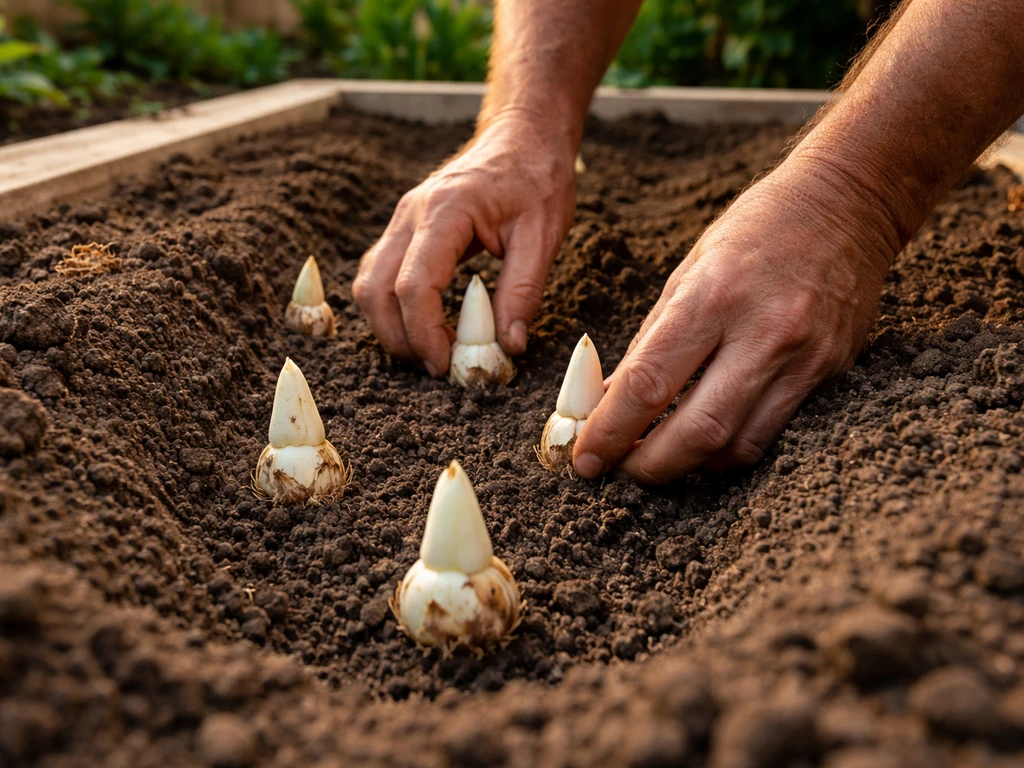 Hand placing tuberose bulbs into a prepared trench in rich garden soil with drainage focus, growing tips up.