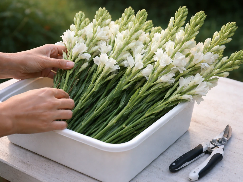 Early-morning tuberose spikes being cut with shears, placed in a clean container.