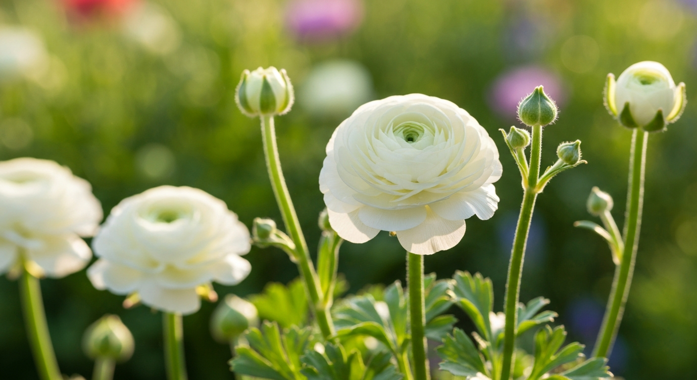 Cluster of white Persian buttercup (Ranunculus asiaticus) flowers in a garden, close-up showing layered petals, buds, and divided leaves.