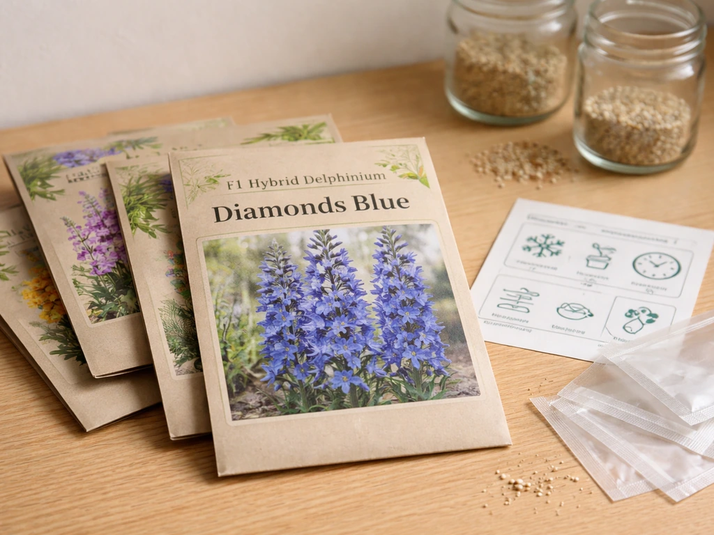 Seed packets and delphinium seeds laid out on a light wood table in natural daylight.