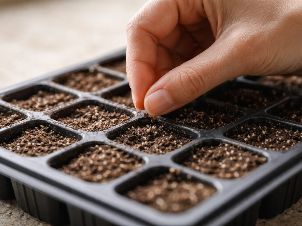 Hand placing delphinium seeds into small seed-starting cells in a tray of moist potting mix.