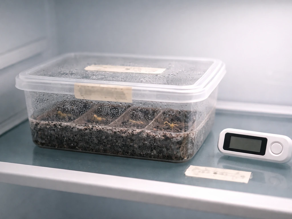Cold-moist seed-starting medium in a sealed container in a fridge, with a small thermometer nearby.