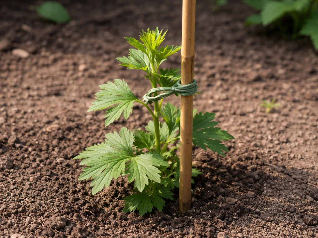 Young delphinium supported with a bamboo stake and soft ties in a simple garden bed.