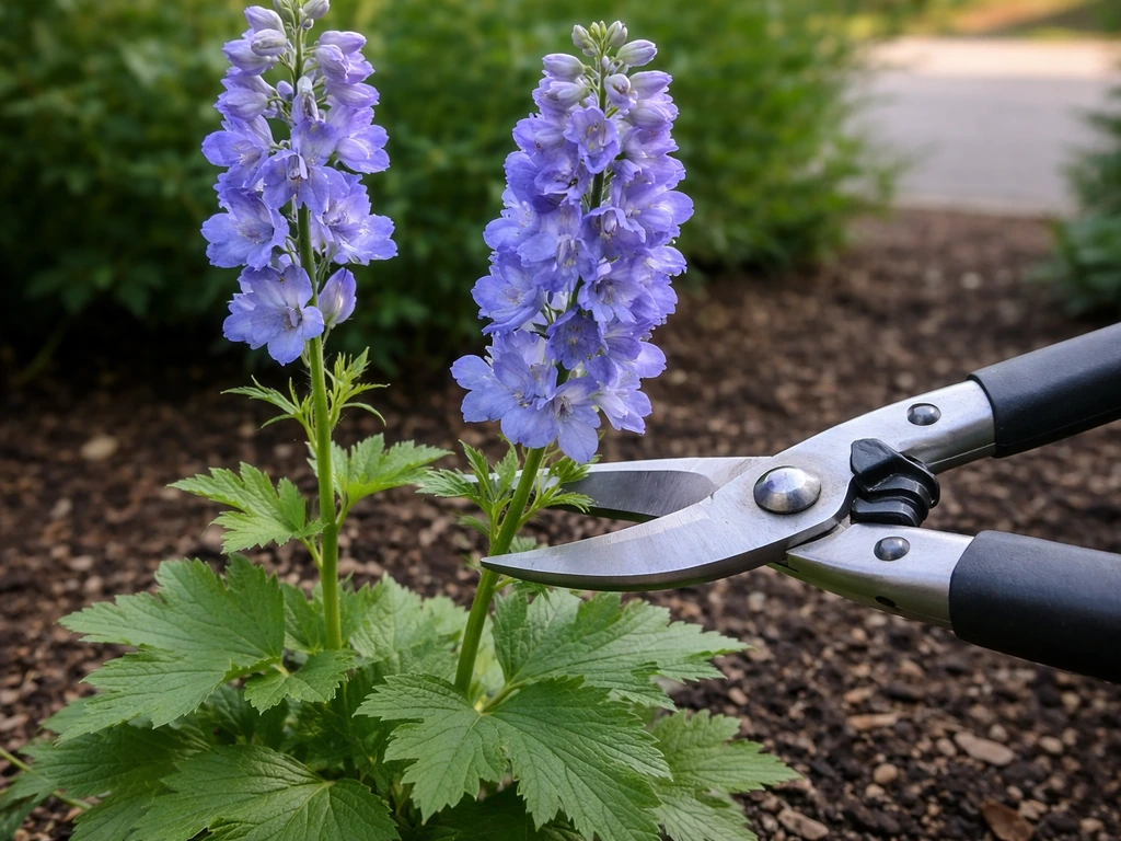 Silver pruners snip a blue delphinium spike just above healthy green leaves in a quiet garden.