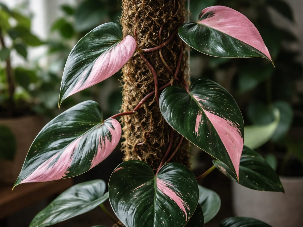 Close-up of a thriving Pink Princess philodendron with vivid pink variegation on a moss pole indoors.