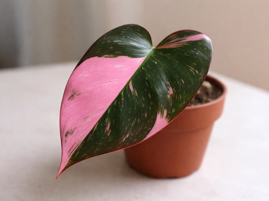 Close-up of a Pink Princess philodendron leaf with clear pink and green variegation on a table.