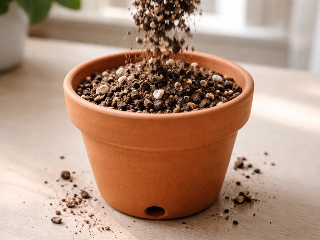 Terracotta pot with drainage hole as chunky, perlite-mixed soil is filled for proper drainage.
