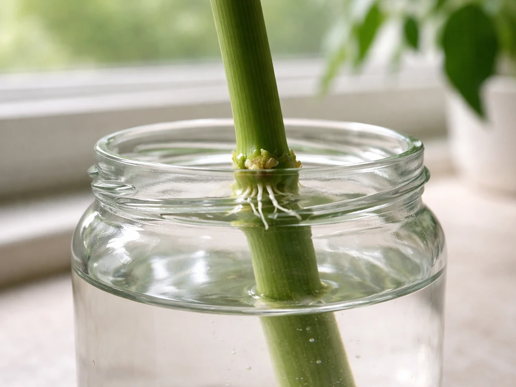 Stem cutting with a visible node in clear water showing early root growth