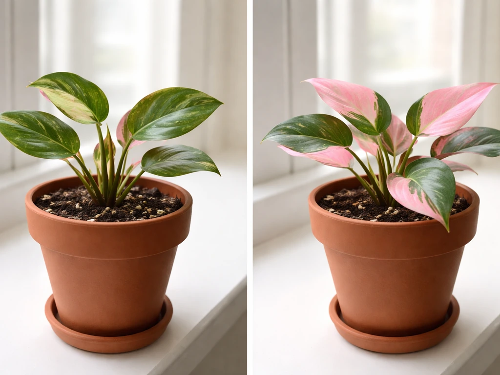 Two potted plant leaves side by side: one with little pink variegation, one with healthy pink leaves.