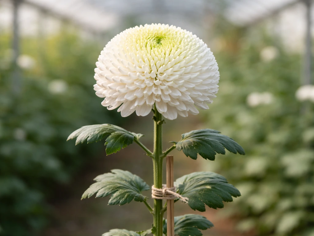 Close-up of a single large disbud chrysanthemum bloom on a supported stem with visible central bud head.