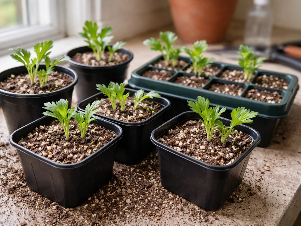 Rooted chrysanthemum cuttings in small pots with moist, gritty cutting mix on a bench by a window.