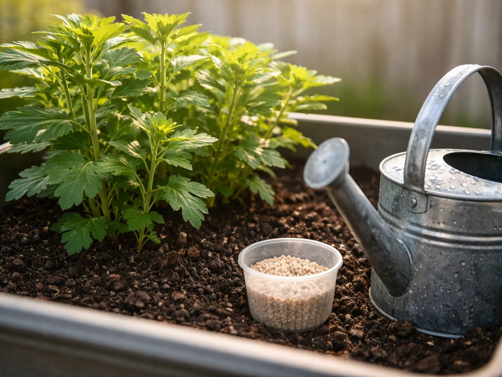 Full-sun garden container with chrysanthemums and a watering can beside soil and fertilizer for strong stems
