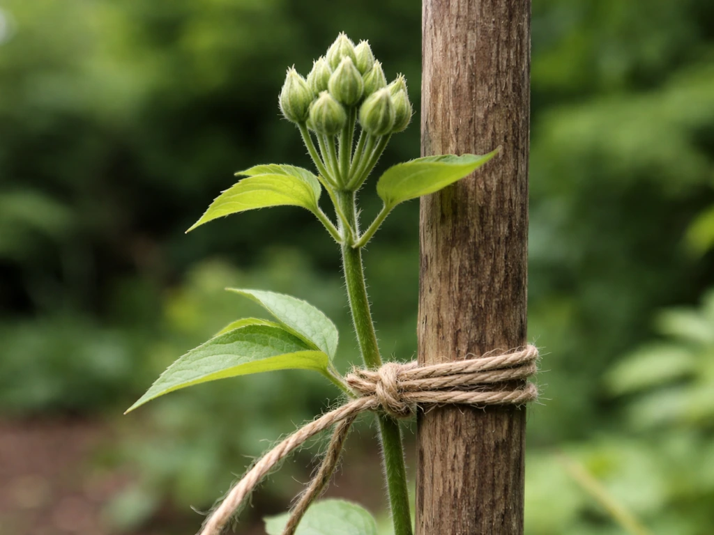 Garden stake and twine supporting a plant stem with a developing bud cluster.
