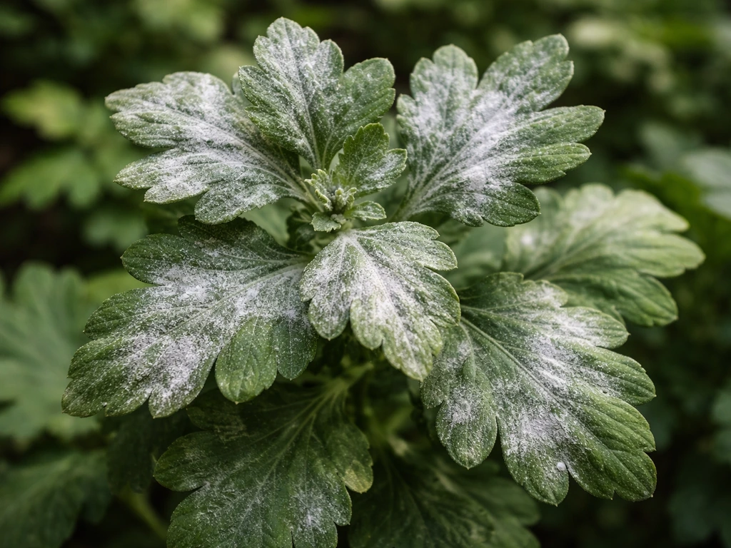 Close-up of chrysanthemum leaves with white powdery mildew coating and slightly curled foliage.