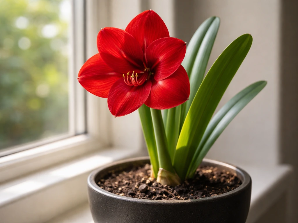 Vivid red amaryllis flower in a pot with green leaves, close-up showing healthy growth