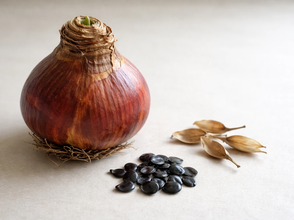 Close-up of a red Hippeastrum-style bulb beside tiny seeds and dried seed pods.