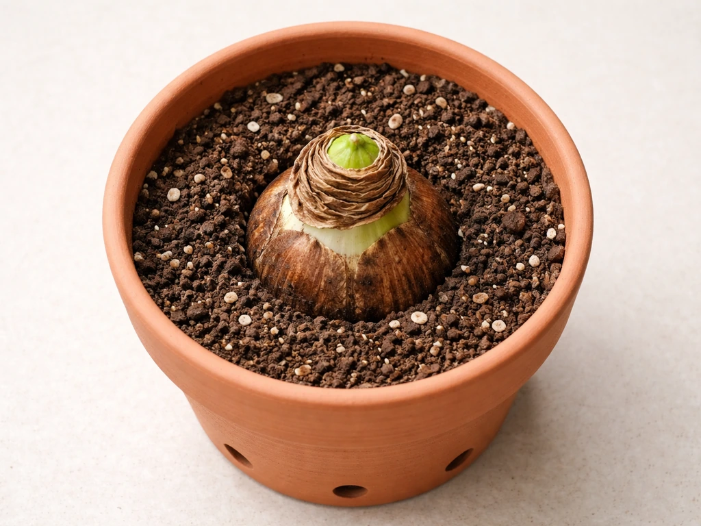 Top-down view of an amaryllis bulb planted at correct depth in a snug pot with drainage holes.