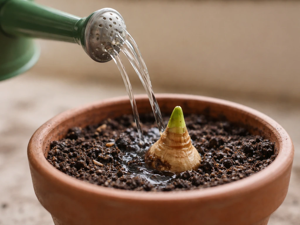 Watering can pouring a gentle stream into a small pot, with moist soil and no pooling near the bulb neck.