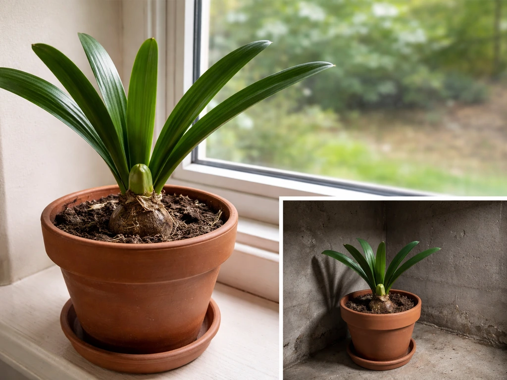 Ferrari amaryllis in a pot with stalk trimmed, then moved to a cool dark basement-like rest spot.