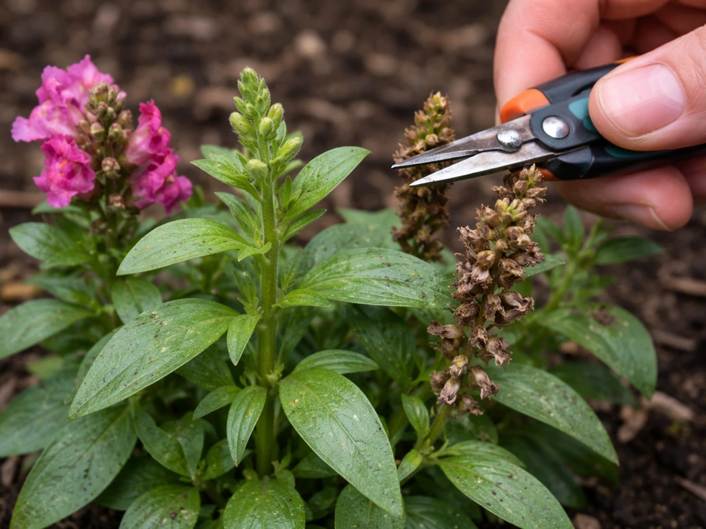 Close-up of a snapdragon plant being pinched and deadheaded, with leaves checked for pests.
