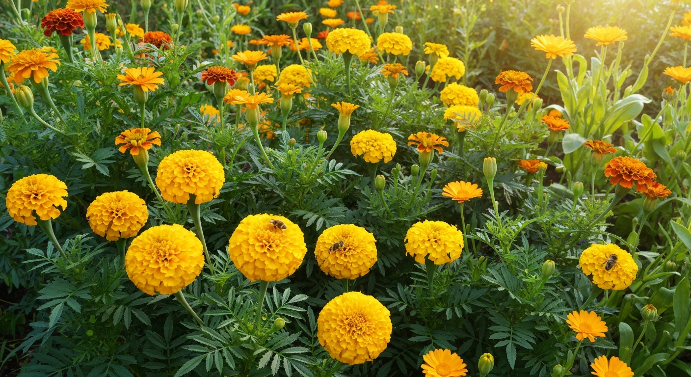 Sunlit garden bed filled with mixed marigolds (Tagetes) and calendula in full bloom with pollinators.