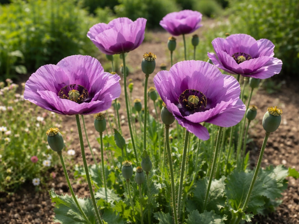 Close view of tall purple poppy blooms with visible seed heads in a sunny garden bed.