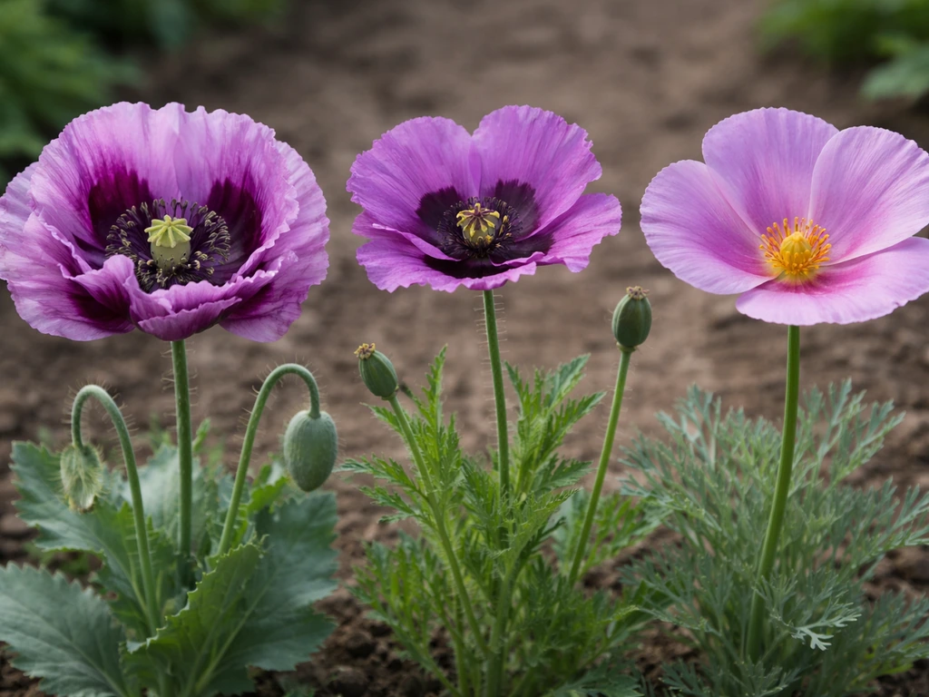 Three different purple poppies side-by-side, each with distinct shapes and shades in a simple garden.