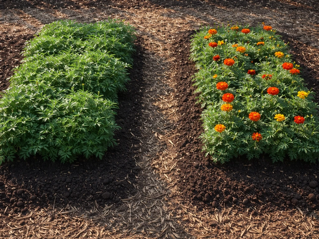 Two small garden beds showing rich soil with lush leaves versus more flower-filled neutral soil.