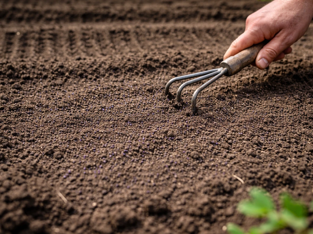 Purple poppy seeds scattered on a raked seedbed as a hand lightly firms the soil without covering them.