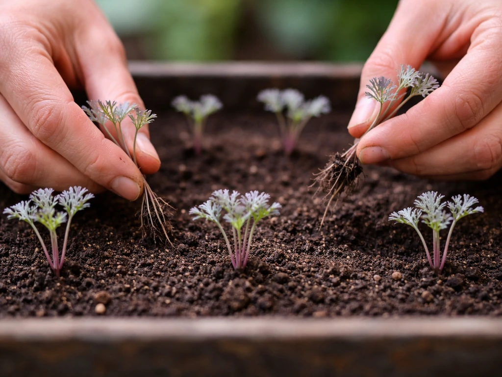 Close-up of hands thinning purple gleam poppy seedlings, pulling extras to space them correctly.