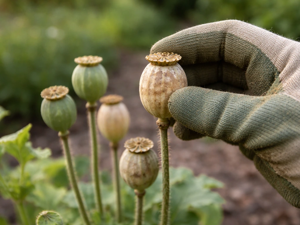 Gloved hand shaking ripe tan poppy seed pod heads in a garden bed for seed saving