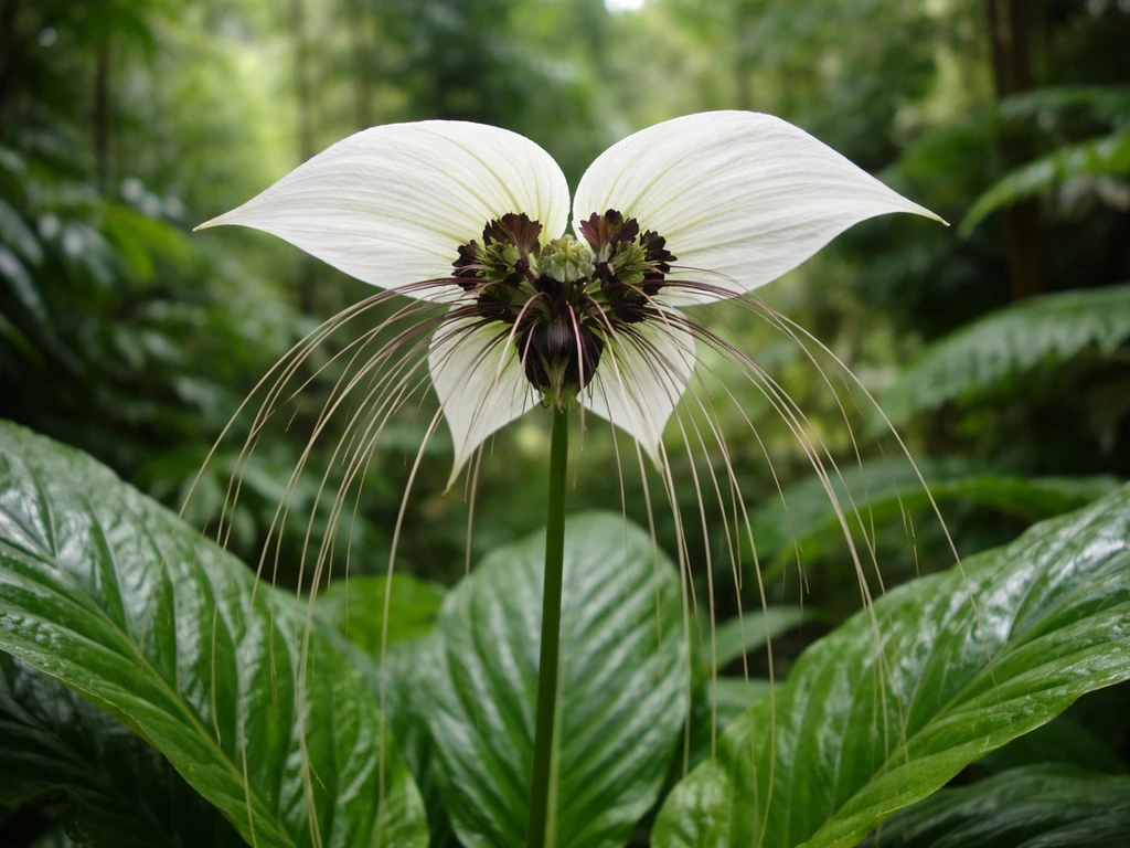 White bat flower in bloom with white bat-like bracts and long filaments above lush green foliage.