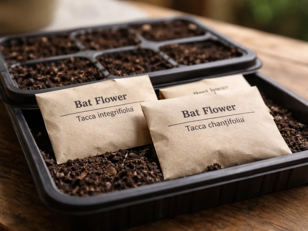 Close-up tray of seed packets with botanical plant names, highlighting two similar “bat flower” types.
