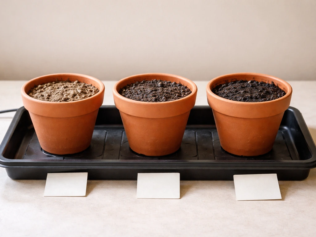 Three seed-starting pots showing dry, slightly moist, and properly moist soil under a heat mat.