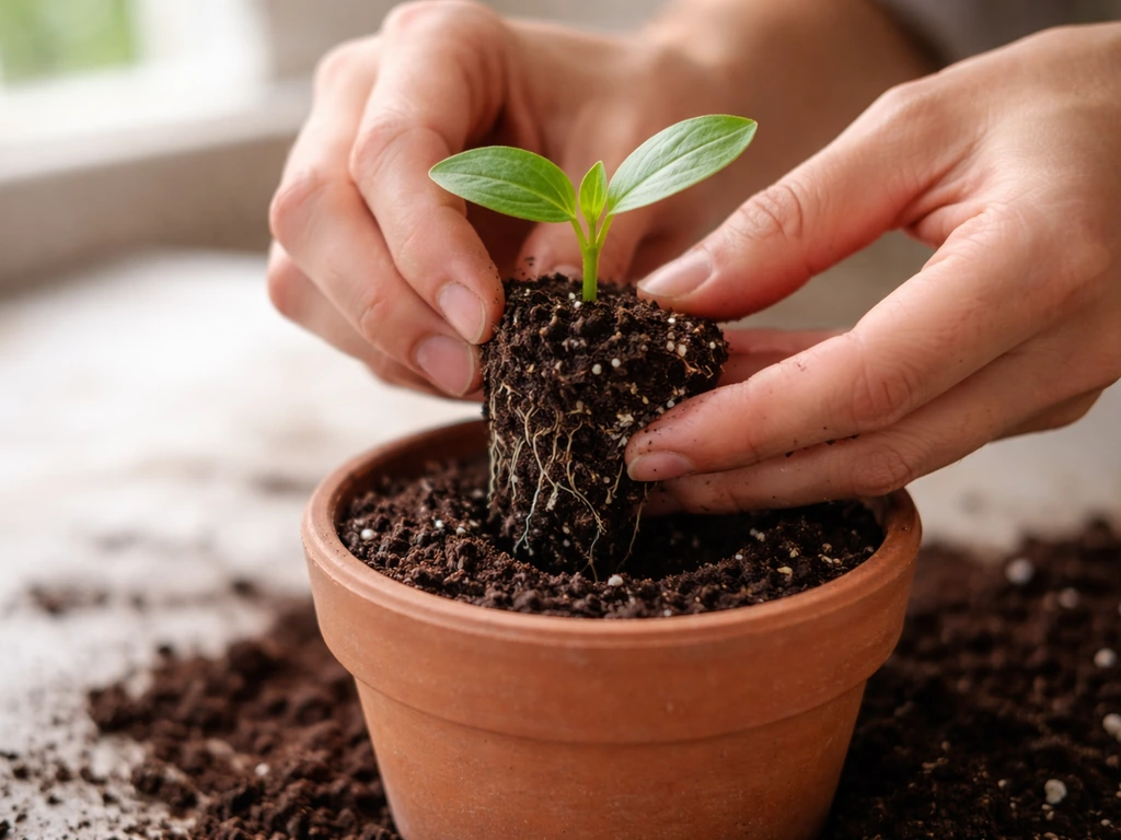 Hands gently transplant a seedling with true leaves into a small pot, roots and soil fill line visible.