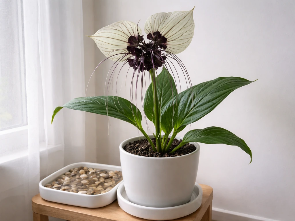 White bat flower in a pot indoors on a bright windowsill with a small humidity tray nearby.