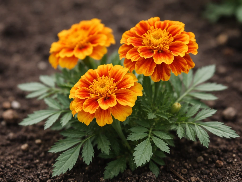 Sharp close-up of vibrant orange-yellow marigold blooms and green leaves in natural light.