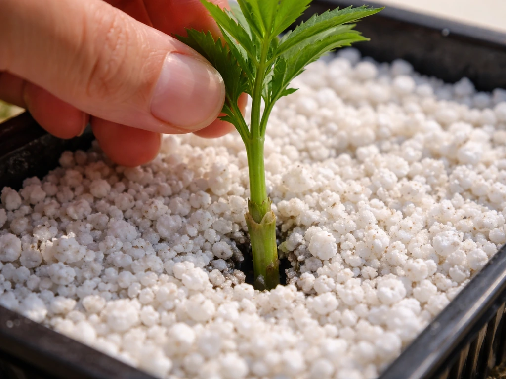 Marigold stem cutting placed in perlite, cut just below a leaf node for rooting