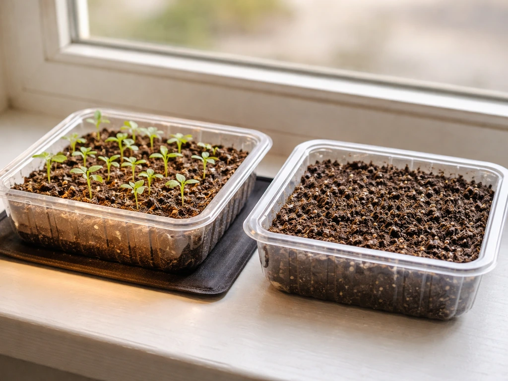 Two seed-starting trays side by side: one with healthy sprouts, one with stalled soil and no germination.