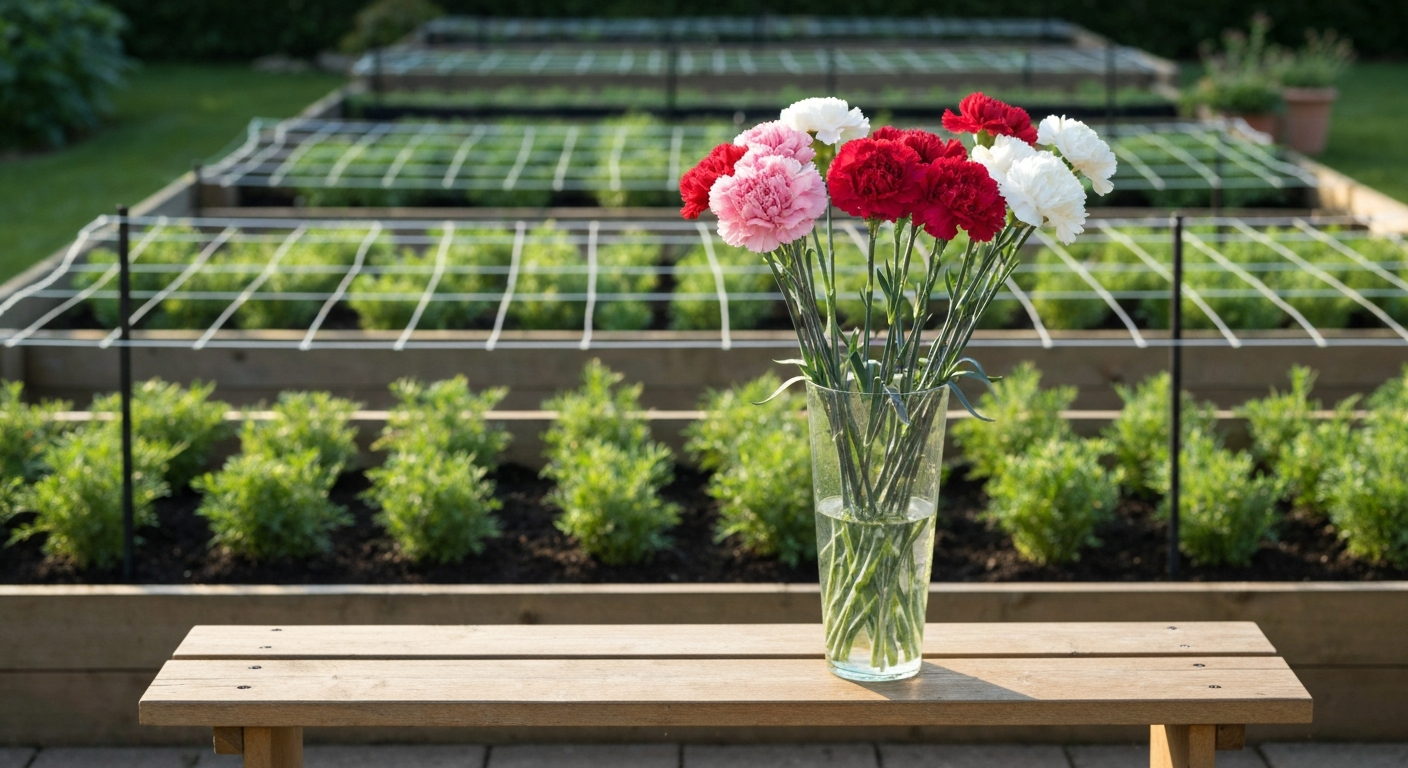 Banner photo of a vase of long-stem carnations (60–80 cm) in front of a supported carnation bed, warm morning light.