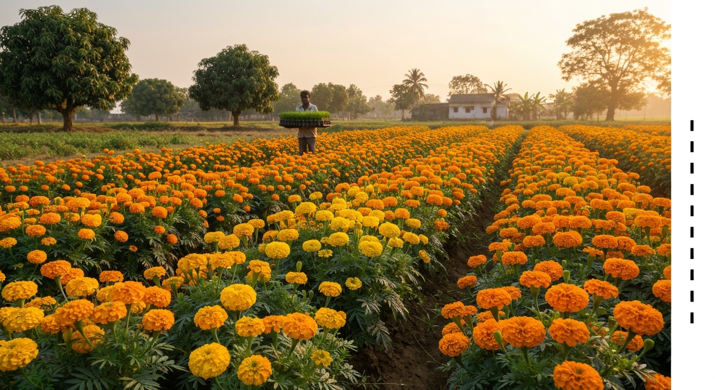 Marigold field in India at golden hour with rows of orange and yellow flowers and a farmer carrying seedlings