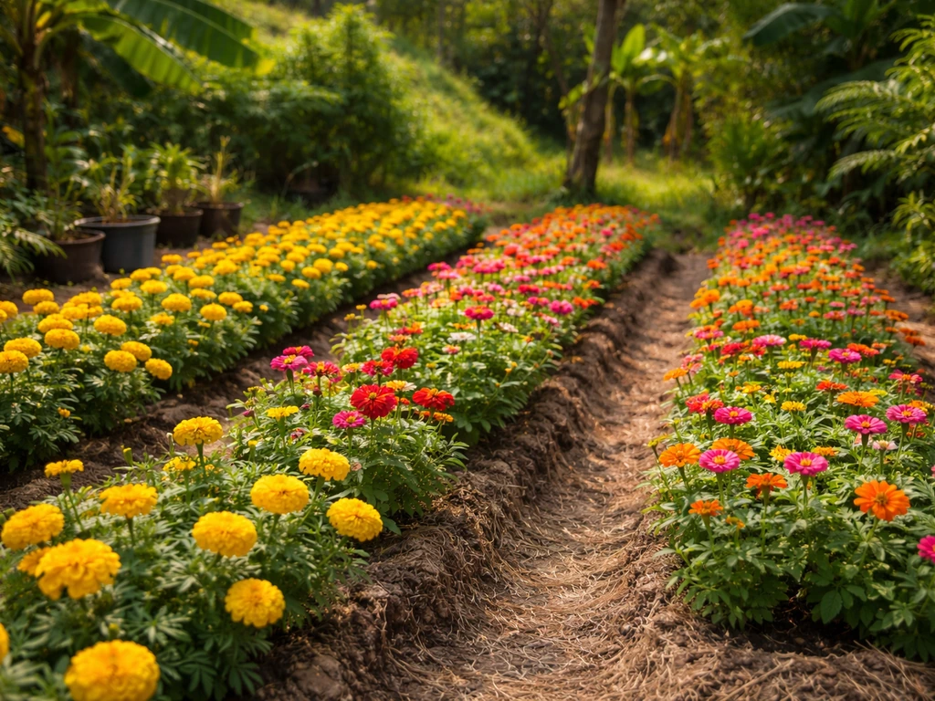 Vibrant tropical flower beds with marigolds and zinnias in lush greenery under warm Philippine sunlight.