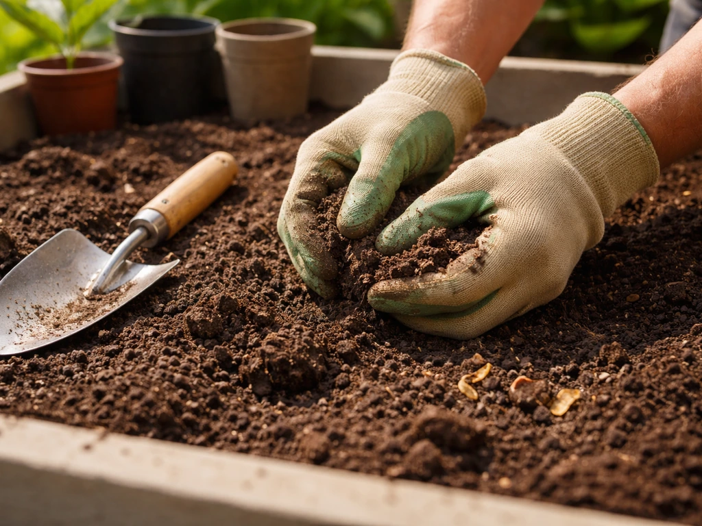 Gloved hands breaking soil clumps in a raised bed with compost under bright tropical sunlight.