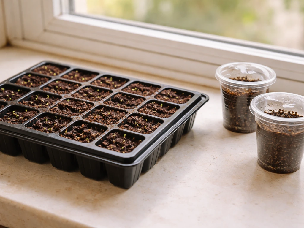 Small seedling tray in a bright window with damp seed-starting mix and several tiny sprouts.