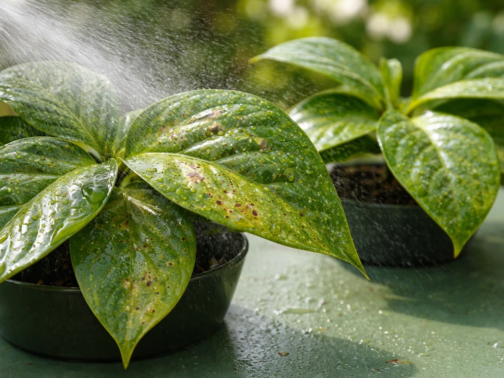 Close-up of neem-oil and strong water spray treating tropical plant leaves for pest prevention.