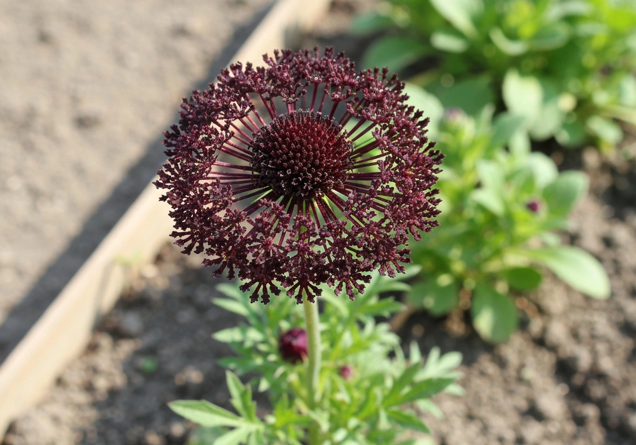 Chocolate lace flower in full bloom with dark mahogany lacy umbels in a simple garden bed.