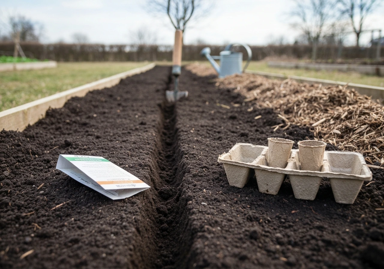 Raised garden bed with soil furrow, seed-start tray, and seed packet ready for cool-season sowing.